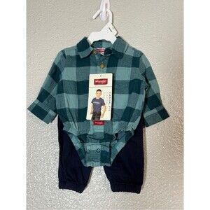 Wrangler 3M Plaid Long Sleeve Bodysuit & Blue Pants Baby Outfit Set